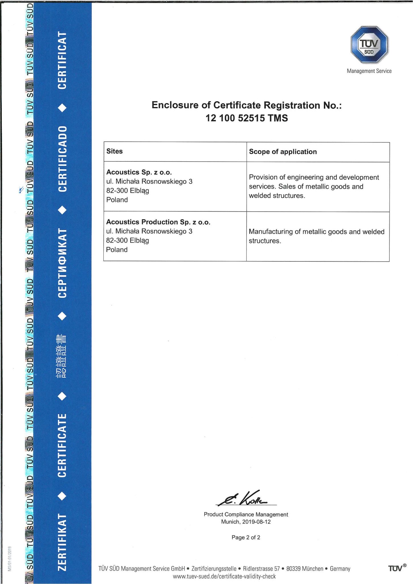 Certificates Acoustics